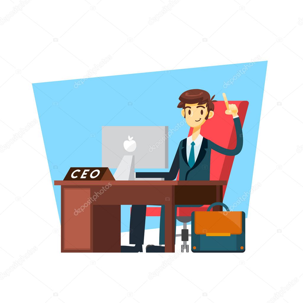 businessman cartoon character sit in front of desk pointing his finger