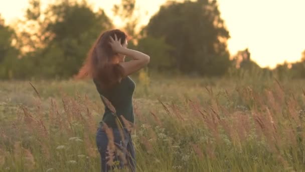 Το όμορφο μοντέλο κορίτσι ντυμένοι με τζιν και ένα πράσινο μπλουζάκι στο πεδίο στο φως του ήλιου. — Αρχείο Βίντεο