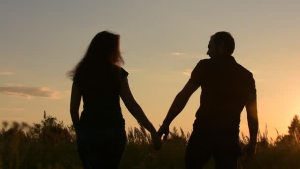 Romantic couples go the distance. The view from the back. At sunset. — Stock Video