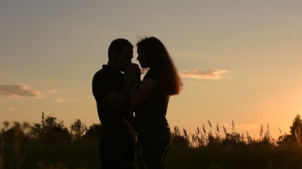 Όμορφο ζευγάρι στην αγάπη, κρατώντας τα χέρια δείχνουν τα συναισθήματά τους. Ο φίλος φιλιά τα χέρια, και στη συνέχεια τη μύτη της αγαπημένης του. Το ηλιοβασίλεμα. — Αρχείο Βίντεο