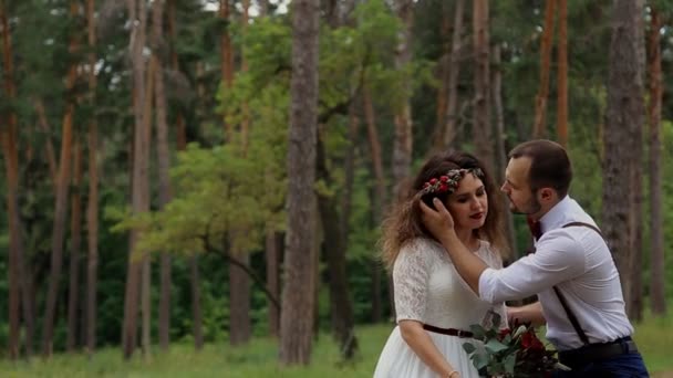 Розкішна щаслива наречена і стильний наречений, сидячи на колоді в літньому лісі. Наречений м'яко погладжує наречену . — стокове відео