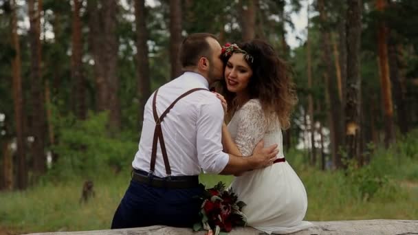 Lyxiga lyckliga brudparet eleganta, sitter på en stock i en sommar skog. — Stockvideo