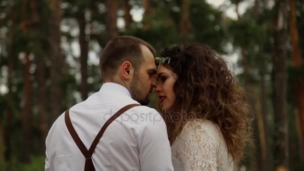 Un tânăr chipeş sărută o femeie tânără luxoasă. Plimbare în parcul de vară . — Videoclip de stoc