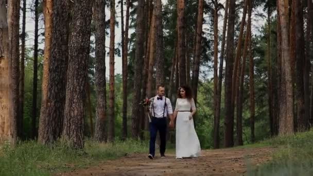 Bella coppia felice passeggiando nella foresta di conifere. Camminare lungo una strada forestale sulla macchina fotografica. Comunicare tra loro e sorridere — Video Stock