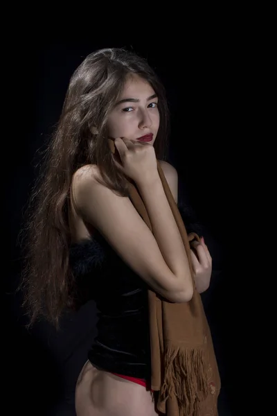 Young Girl Long Hair Posing Black Background — Stock Photo, Image