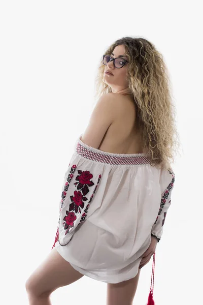 Woman Curly Hair White Dress Red Flowers Posing White Background — Stock Photo, Image