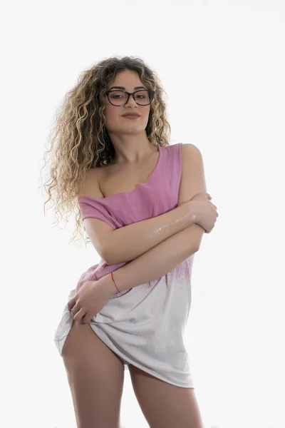 Woman Curly Hair Dressed Pink Shirt Stockings Posing White Background — Stock Photo, Image