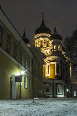 Tallinn 'deki Alexander Nevsky Katedrali' nin gece manzarası. Estonya