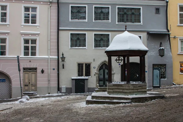 冬のタリン旧市街の通りにある歴史的な猫井戸 エストニア — ストック写真