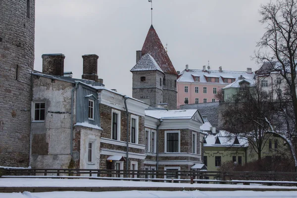 Исторические Оборонительные Башни Старом Городе Таллин Зимой Эстония — стоковое фото