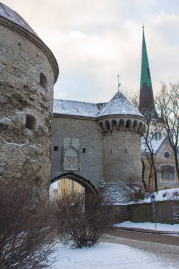 Büyük Denizcilik Kapıları ve kışın Tallinn Eski Kasabası 'ndaki Şişko Mary Kulesi' nin manzarası. Estonya Denizcilik