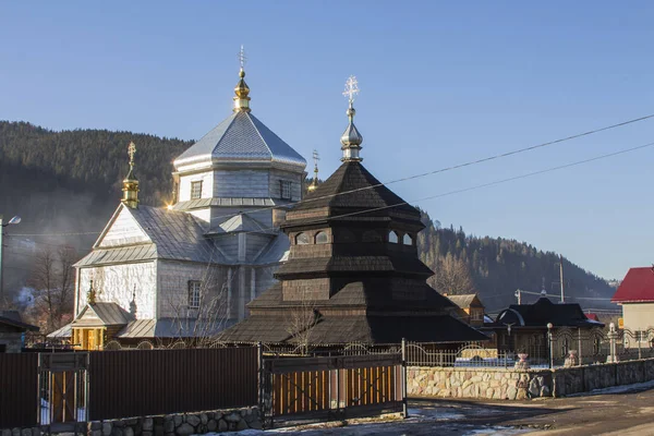 Historic Wooden Church Holy Trinity Carpathian Village Mykulychyn Winter Ukrainebuilt — Stock Photo, Image