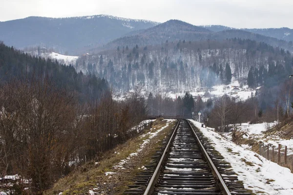 Railway track in the Carpathian Mountains near Yaremche village in winter. Ukraine