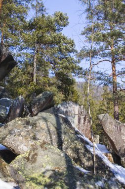 Kışın Yaremche köyü yakınlarındaki yürüyüş parkurunda resim gibi uçurumlar. Ukrayna