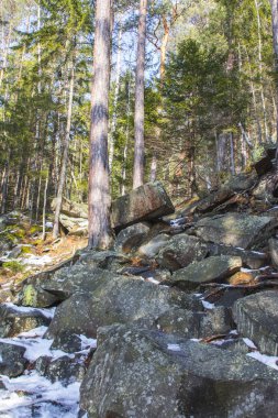 Kışın Yaremche köyü yakınlarındaki yürüyüş parkurunda resim gibi uçurumlar. Ukrayna