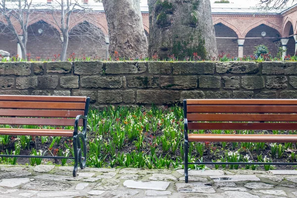 Wooden Benches Park Istanbul Spring Turkey — Stock Photo, Image