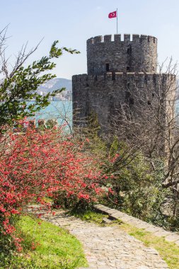 İstanbul 'daki Roumeli Hissar Kalesi' nin koruyucu duvarları ve kuleleri. Türkiye