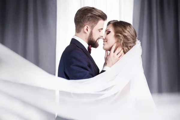 Recién casados se besan en el salón de baile Imagen De Stock