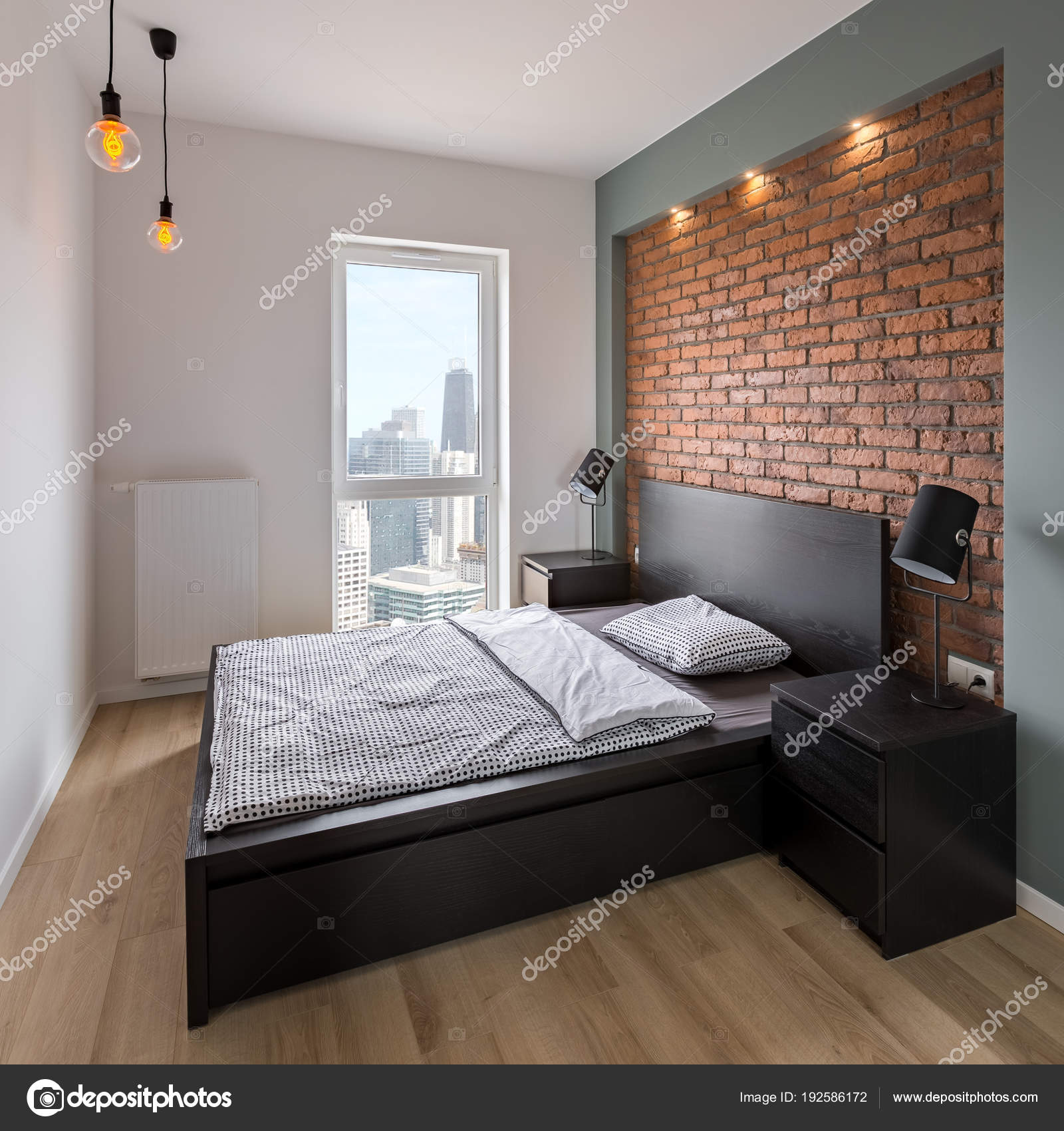 Camera da letto con muro di mattoni rossi, — Foto Stock © in4mal ... Camera da letto con muro di mattoni rossi, — Foto Stock © in4mal ...