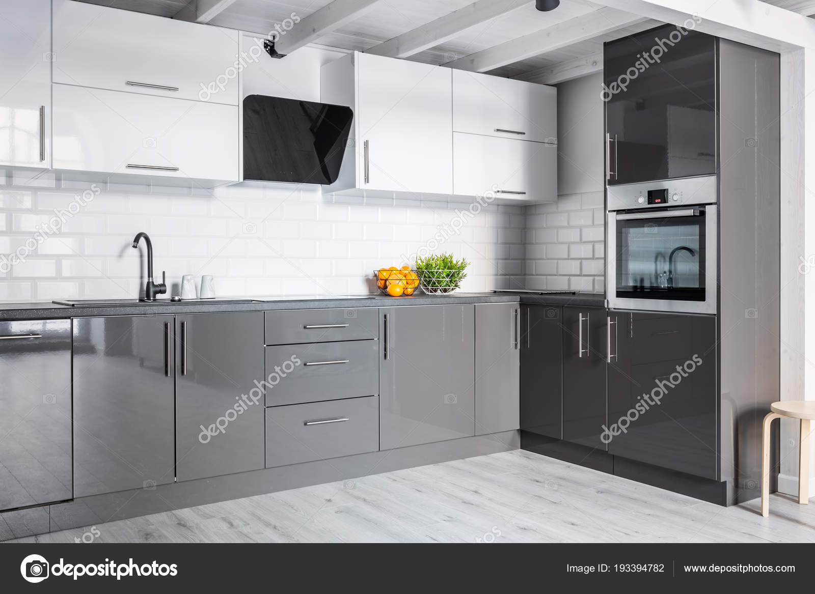 Gray kitchen with brick wall Stock Photo by ©in4mal 193394782