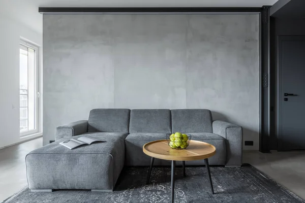Vardagsrum med grå soffa — Stockfoto