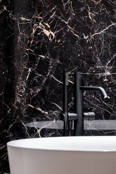 Close Elegant Black Mat Bathtub Faucet Bathroom Black Marble Wall — Stock Photo, Image