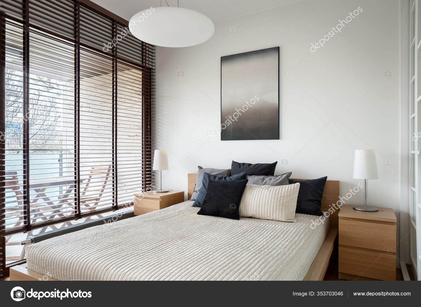 Big Comfortable Bed Bright Bedroom Big Window Wooden Blinds