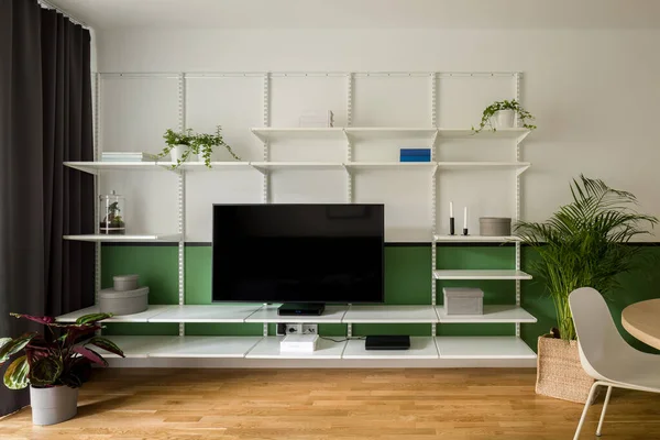 Wohnzimmer Mit Dekorativem Weiß Wandregale Industriellen Stil Mit Pflanzen Und — Stockfoto