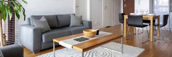 Panorama Modern Living Room Grey Sofa Wooden Coffee Table Open — Stock Photo, Image