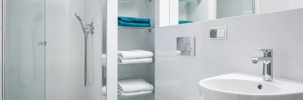 Απλό Σχεδιασμένο Λευκό Μπάνιο Ντους Και Κλασικό Νιπτήρα Πανόραμα — Φωτογραφία Αρχείου