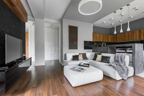Ruim Elegant Appartement Interieur Met Woonkamer Met Open Naar Keuken — Stockfoto