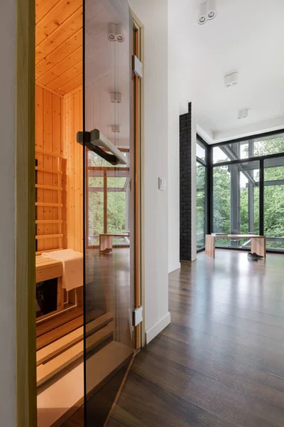 Wide Home Corridor Big Window Sauna Room Open — Stock Photo, Image