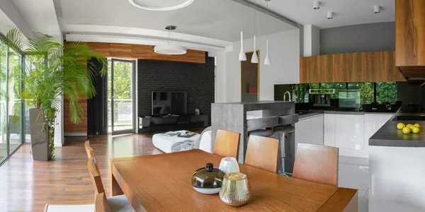 Panorama Apartamento Elegante Com Cozinha Elegante Área Jantar Aberta Para — Fotografia de Stock