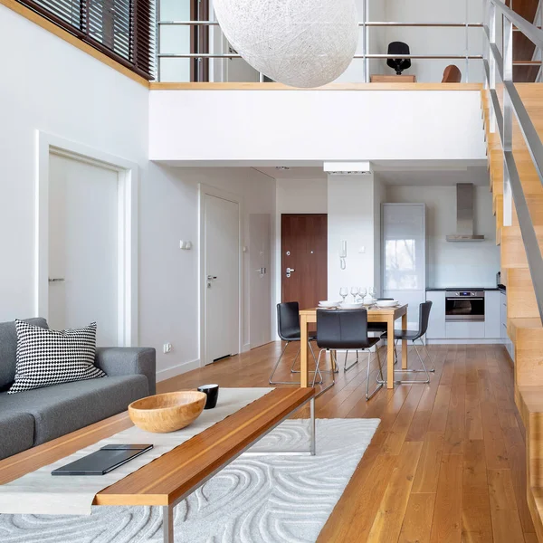 Two Floor Open Space Loft Apartment Kitchen Open Dining Living — Stock Photo, Image