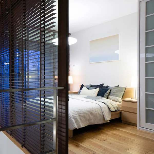 Stylish Bedroom Wooden Floor Window Walls Lights Evening — Stock Photo, Image