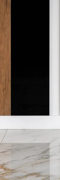 Vertical panorama of decorative wall with wooden panel, glossy black tile and white molding and elegant marble floor tiles