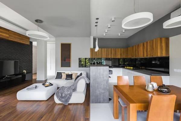 Interior Elegante Sala Estar Com Cozinha Sala Jantar — Fotografia de Stock