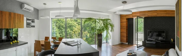 Panorama Van Elegant Appartement Met Grote Raamwand Met Open Keuken — Stockfoto