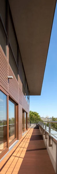 Vertical Panorama Long Balcony Roof Wooden Facade Building — Stock Photo, Image