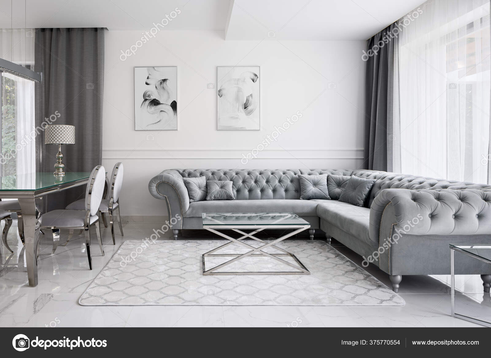 Glamour Style Living Room White Walls Floor Gray Quilted Sofa