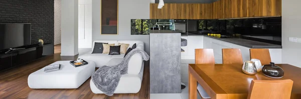 Panorama Van Elegant Appartement Interieur Met Woonkamer Keuken Eethoek Een — Stockfoto
