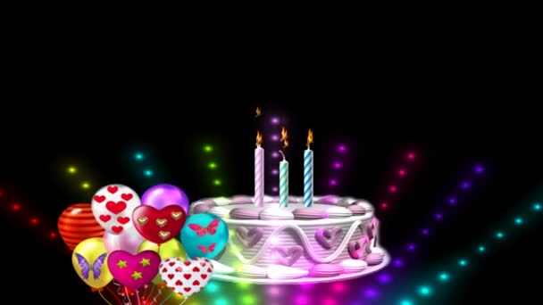 Colorful Birthday Party Cake Candles Baloons Heart Shaped Confetti ストック動画