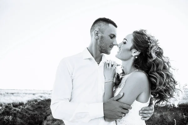 필드, 연인 또는 신혼 완벽 한 하늘 석양에 포즈에 아름 다운 커플. 흑인과 백인 — 스톡 사진