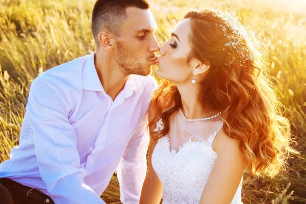 필드, 연인 또는 신혼 완벽 한 하늘 석양에 포즈에 아름 다운 커플 — 스톡 사진