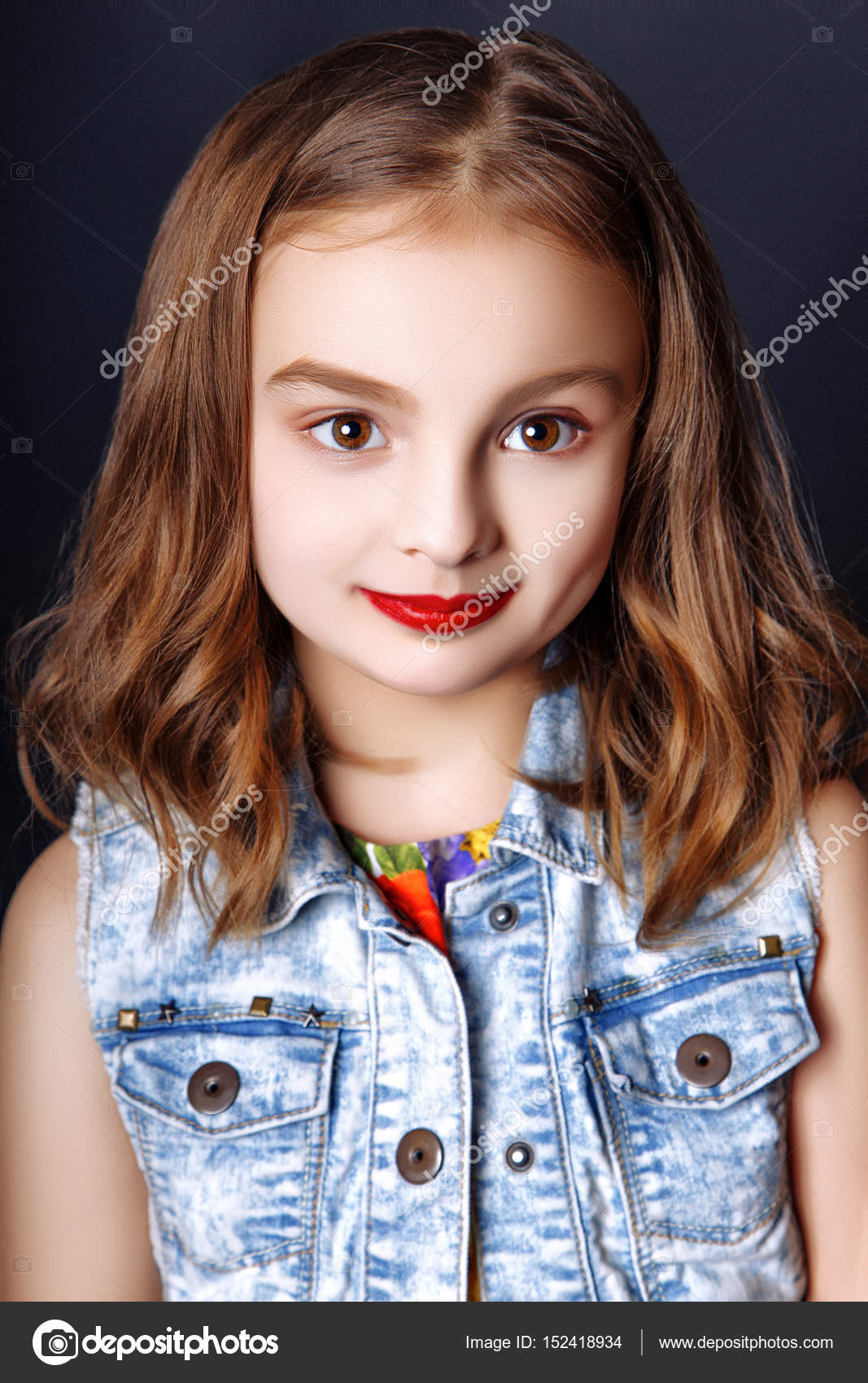 Cute little girl with red lips posing in studio. — Stock Photo ...