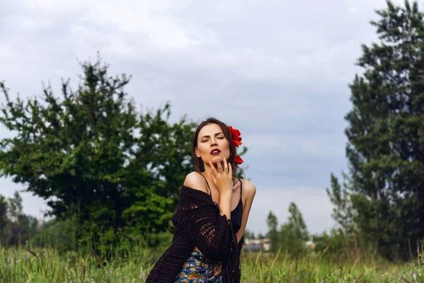 Mode outdoor portret van een mooie brunette vrouw met bloemen in haar in het veld — Stockfoto