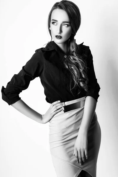 Studio photo of young woman on white background. Black and white — Stock Photo, Image