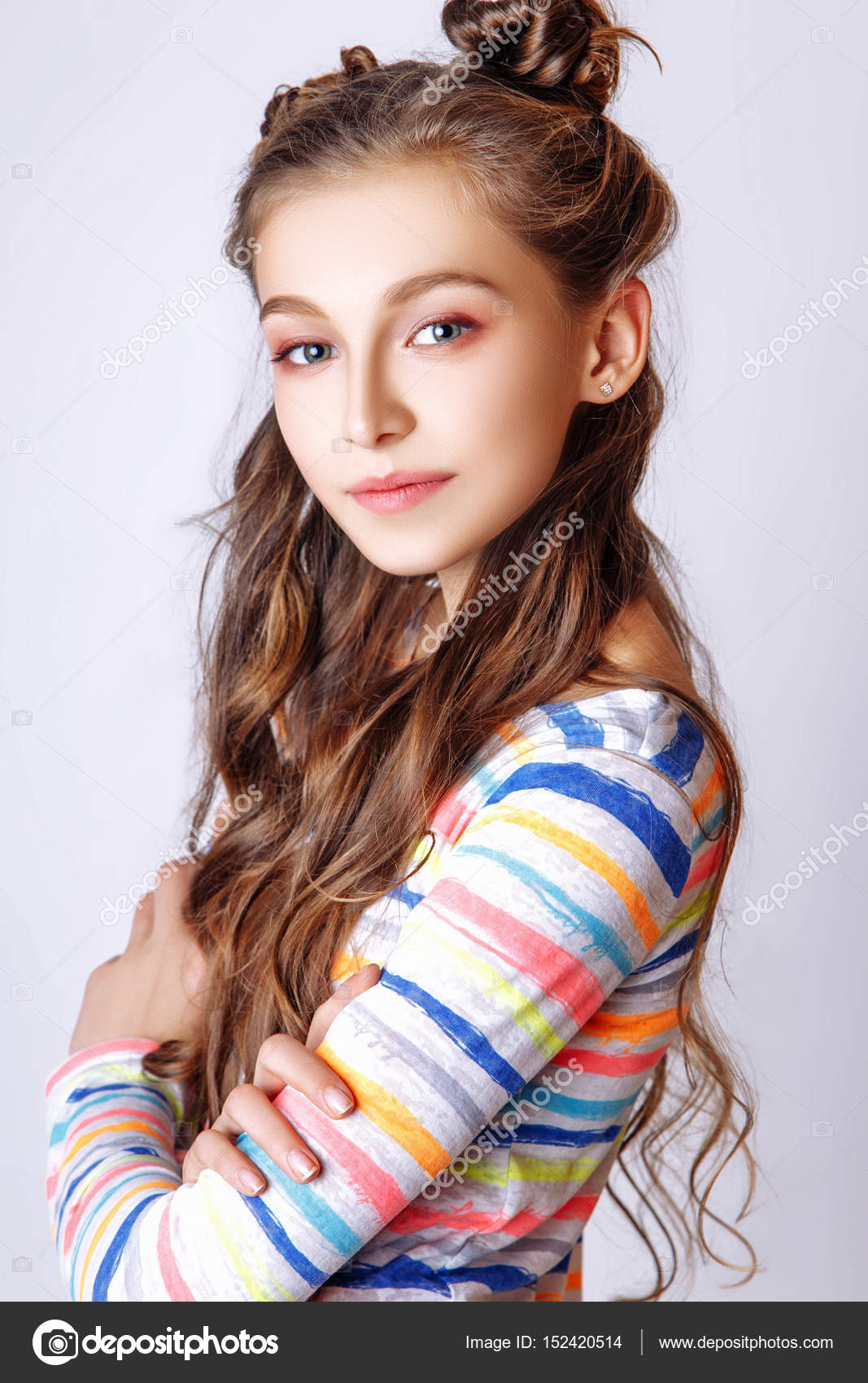 Cute Girl Teenage With Long Curly Hair Posing Studio Nature
