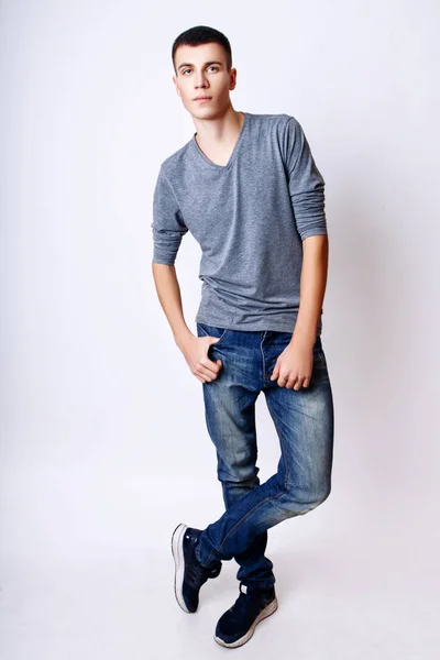 Fashion photo of young model man on white background. Boy posing. Studio photo. — Stock Photo, Image