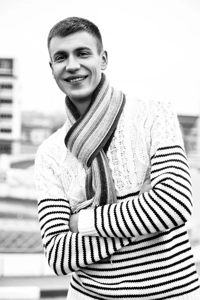 Fashion photo of young model man on street. Boy posing. Black and white — Stock Photo, Image